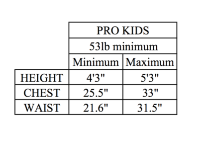 Sizing guide pro 3 kids vest